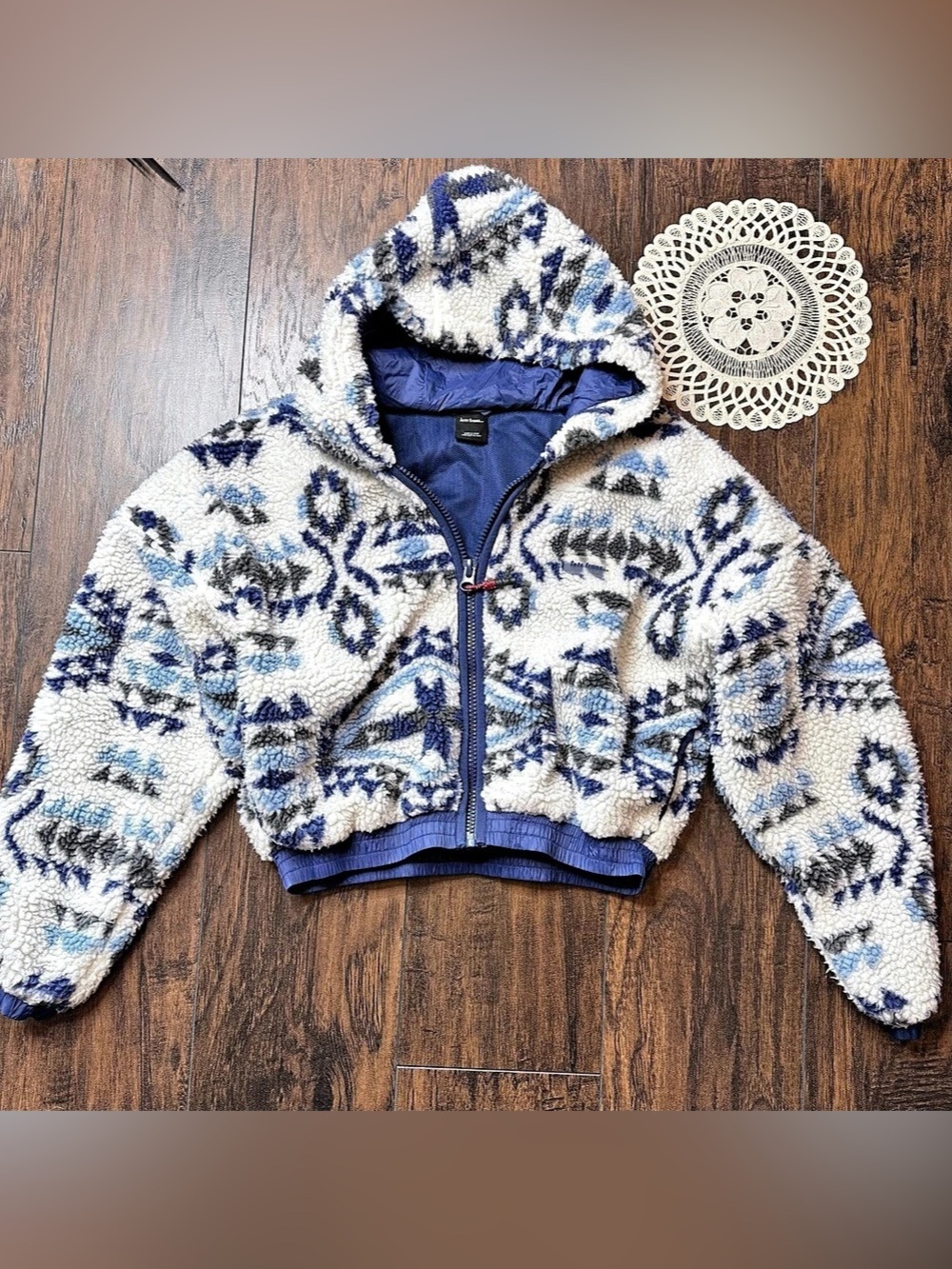 iets frans. Paisley Sherpa Fleece Harrington Jacket. Blue & White XL